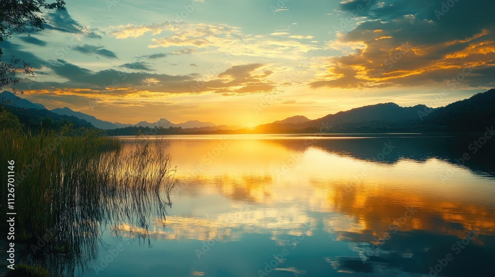 A calm mountain lake reflecting the vibrant colors of golden hour skies, surrounded by lush greenery A calm mountain lake reflecting the vibrant colors of golden hour skies, surrounded by lush greenery