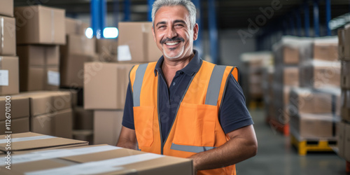 A middle-aged man working in a warehouse sending parcels with boxes. Generative AI.