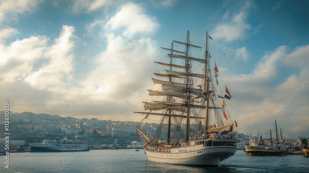 Majestic Sailing Ship at Port, City Skyline Background, Daytime Majestic Sailing Ship at Port, City Skyline Background, Daytime