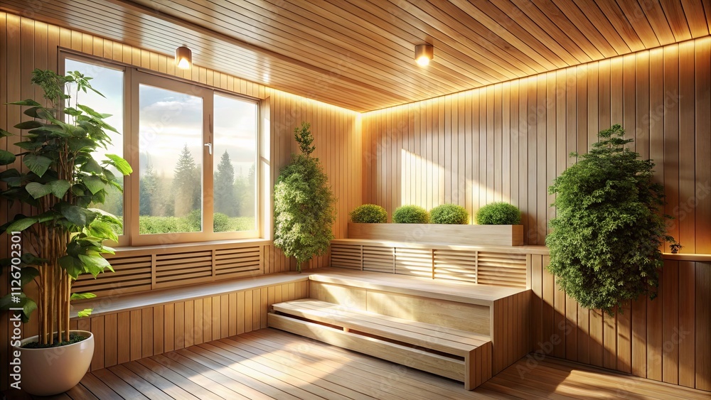 Serene Wooden Relaxation Room with Sunlit Window and Lush Greenery