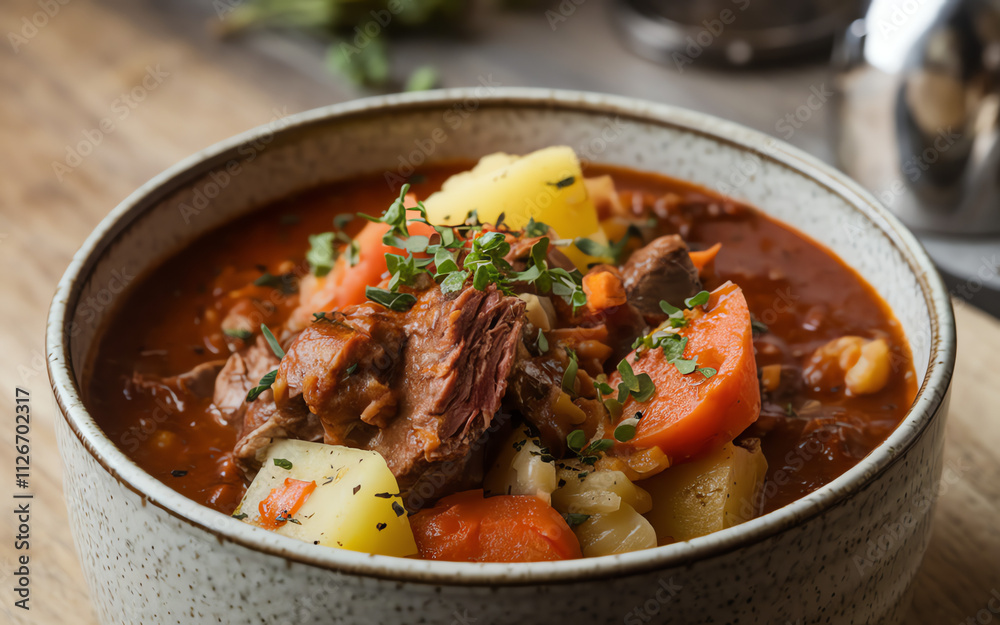 Hearty beef stew with root vegetables and herbs served in a rustic bowl Hearty beef stew with root vegetables and herbs served in a rustic bowl