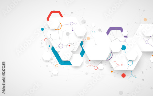 Scientific abstract background. White hexagons with a plexus effect and circles connected by lines. Hand drawn vector.