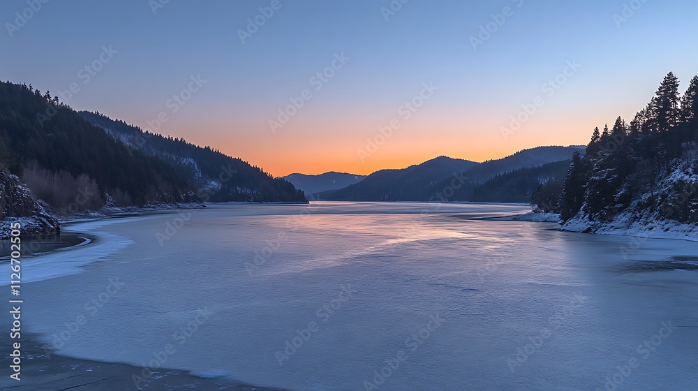 Fototapeta premium Orange Dawn Reflected on Frozen Lake