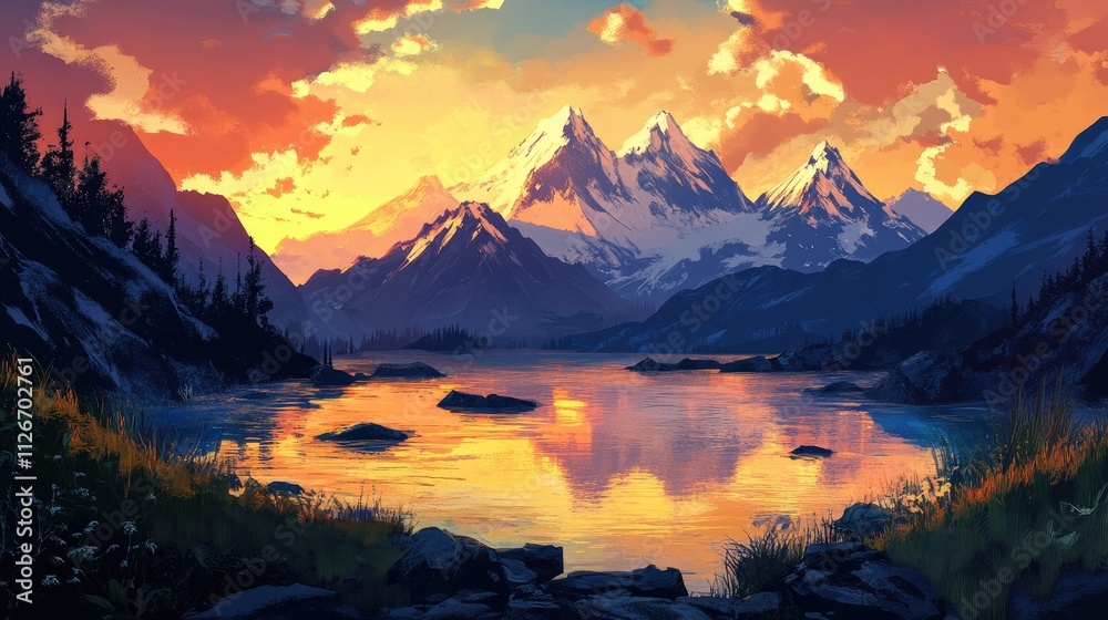 A tranquil mountain lake glowing under golden hour light, surrounded by majestic, snow-capped peaks A tranquil mountain lake glowing under golden hour light, surrounded by majestic, snow-capped peaks