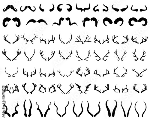 Black silhouettes of different animals horns on a white background