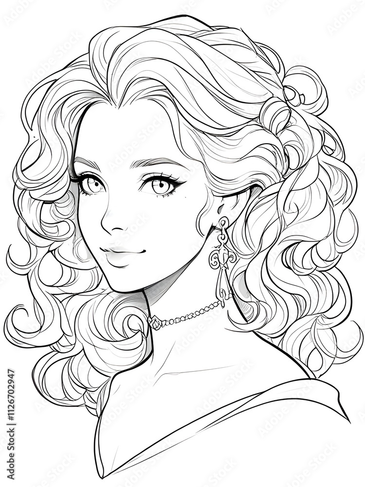 Elegant line art portrait of a woman with flowing curly hair and delicate jewelry. Perfect for coloring books, fashion illustrations, and character design. Elegant line art portrait of a woman with flowing curly hair and delicate jewelry. Perfect for coloring books, fashion illustrations, and character design.