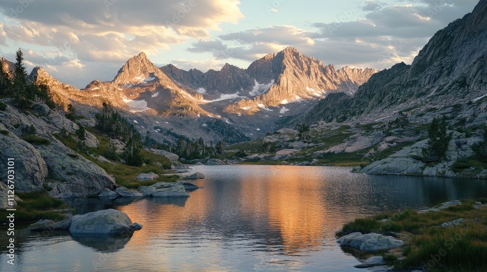 A tranquil mountain scene with a serene lake reflecting golden light, surrounded by majestic peaks A tranquil mountain scene with a serene lake reflecting golden light, surrounded by majestic peaks