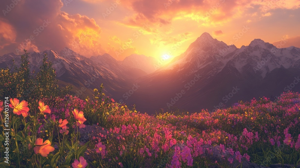 A breathtaking view of a mountain range with vibrant flower fields in the foreground, under a glowing sunset sky