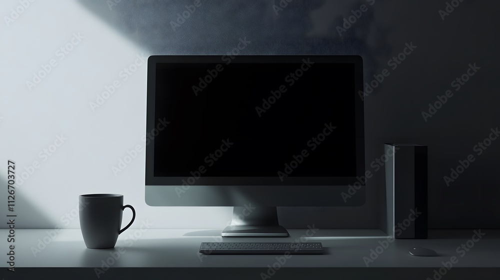 Fototapeta premium Minimalist Desktop Setup With Computer And Mug