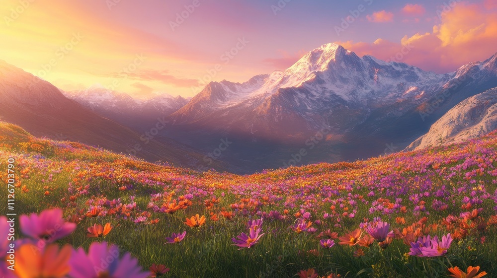 A breathtaking view of a mountain range with vibrant flower fields in the foreground, under a glowing sunset sky A breathtaking view of a mountain range with vibrant flower fields in the foreground, under a glowing sunset sky