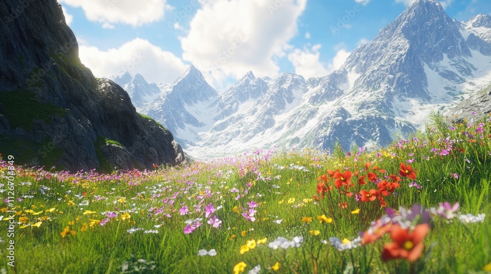 A peaceful mountain valley filled with blooming flowers and surrounded by dramatic cliffs and peaks A peaceful mountain valley filled with blooming flowers and surrounded by dramatic cliffs and peaks