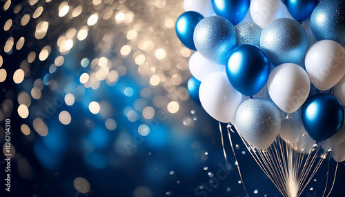Party, tło na urodziny lub uroczystość, impreza, radosna atmosfera, świętowanie, konfetti i białe i niebieskie balony