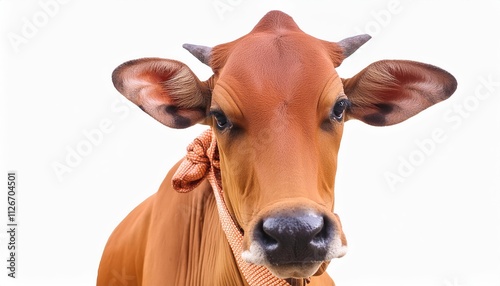 A beautiful cow isolated on a white background, showcasing its unique features and textures, perfect for agricultural themes, animal studies, and creative projects. photo