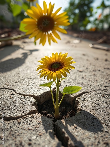 there are two sunflowers that are growing out of a crack in the ground.