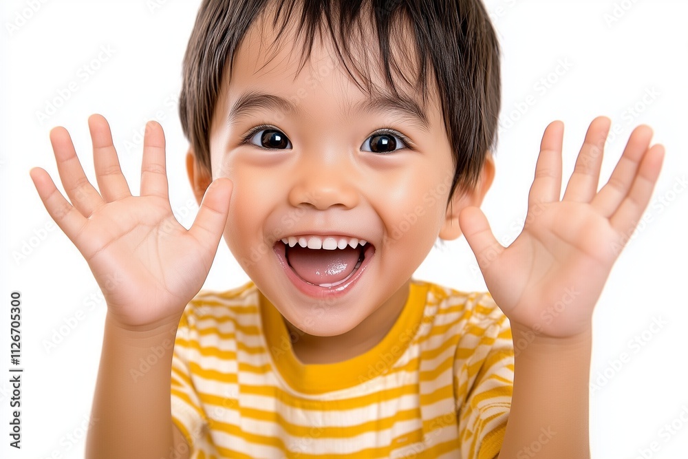 child with hands up smiling, showing his fingers child with hands up smiling, showing his fingers