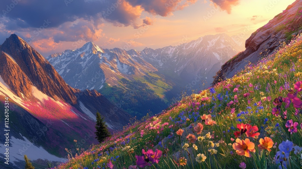 A unique mountain landscape with jagged cliffs and slopes blanketed in vibrant wildflowers, under a glowing sunset A unique mountain landscape with jagged cliffs and slopes blanketed in vibrant wildflowers, under a glowing sunset