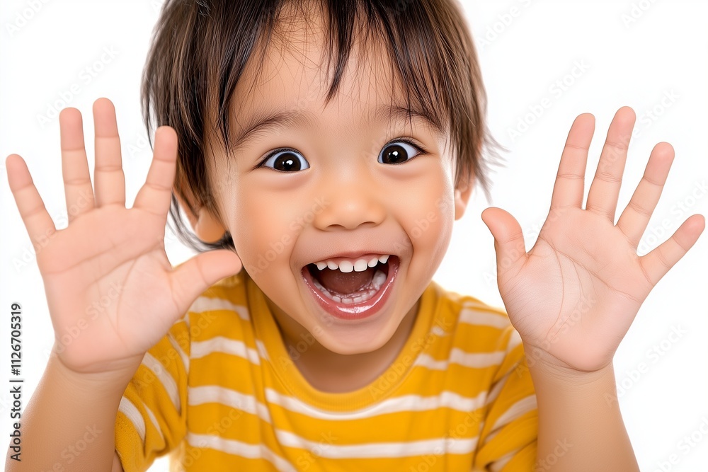 child with hands up smiling, showing his fingers child with hands up smiling, showing his fingers