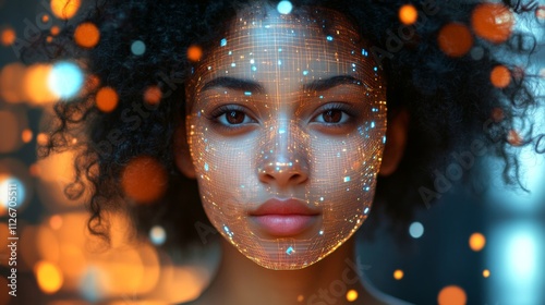 Young black woman using holographic screen for global communication network - ideal for banners and advertisements