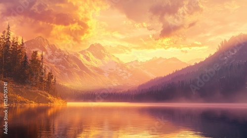 A breathtaking mountain landscape with a calm lake glowing under a vibrant golden hour sky