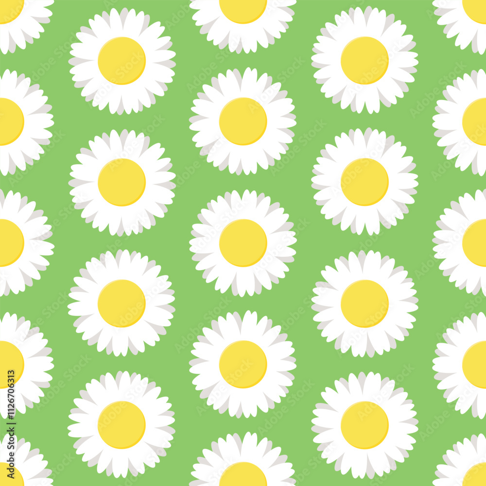 White and yellow stylized chamomile flowers on green background. Vector seamless pattern. Best for textile, wallpapers, wrapping paper, package and your design. White and yellow stylized chamomile flowers on green background. Vector seamless pattern. Best for textile, wallpapers, wrapping paper, package and your design.