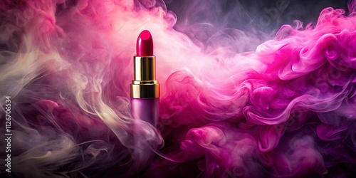 A vibrant lipstick tube, elegantly displayed amidst swirling pink and white smoke, creating a dramatic and alluring visual