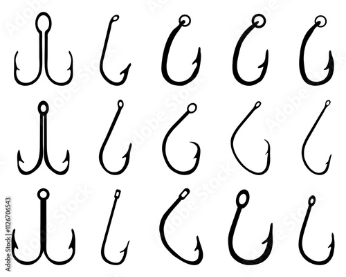 Black silhouettes of different fishing hooks