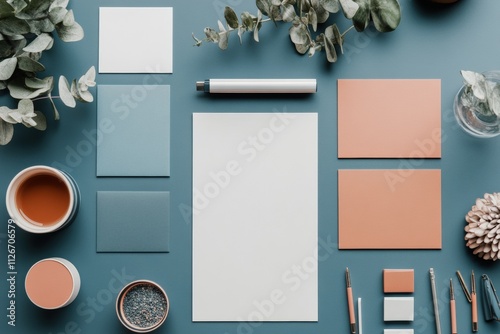 A clean flat lay of graphic design tools and branding elements. photo