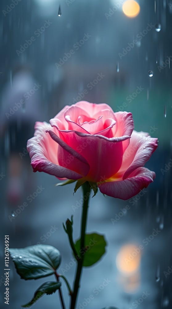 Obraz premium Lonely pink rose with raindrops on the window for moody and romantic indoor decor 