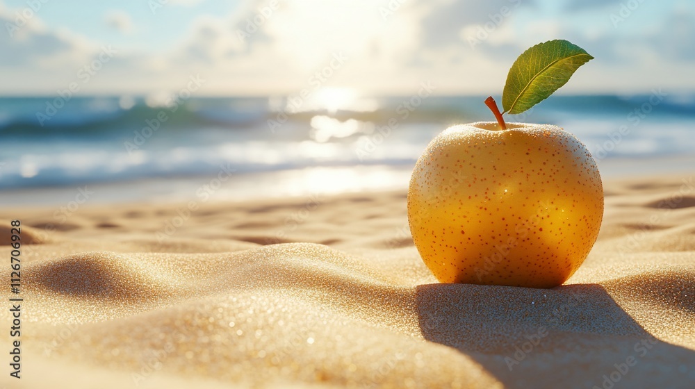 Yellow apple on sunny beach sand. Yellow apple on sunny beach sand.
