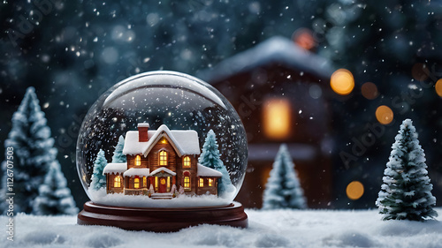 Banner for Christmas, New Year theme. Shimmering New Year's crystal ball. Christmas house with fir tree in snow globe on snowy background. Winter. New Year. Merry Christmas 