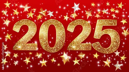 Dazzling 2025 Golden Numbers with Glitter and Stars on a Red Banner - Perfect for Festive New Year Celebrations and Party Decorations. A Vibrant Vector Illustration.