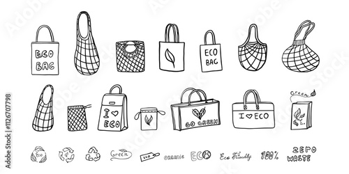 Set of ecological bag in doodle style. Ecology. Sustainability, recycle, save the planet, eco friendly, organic, no plastic, go green, zero waste, reduce, ecological lifestyle, nature conservation