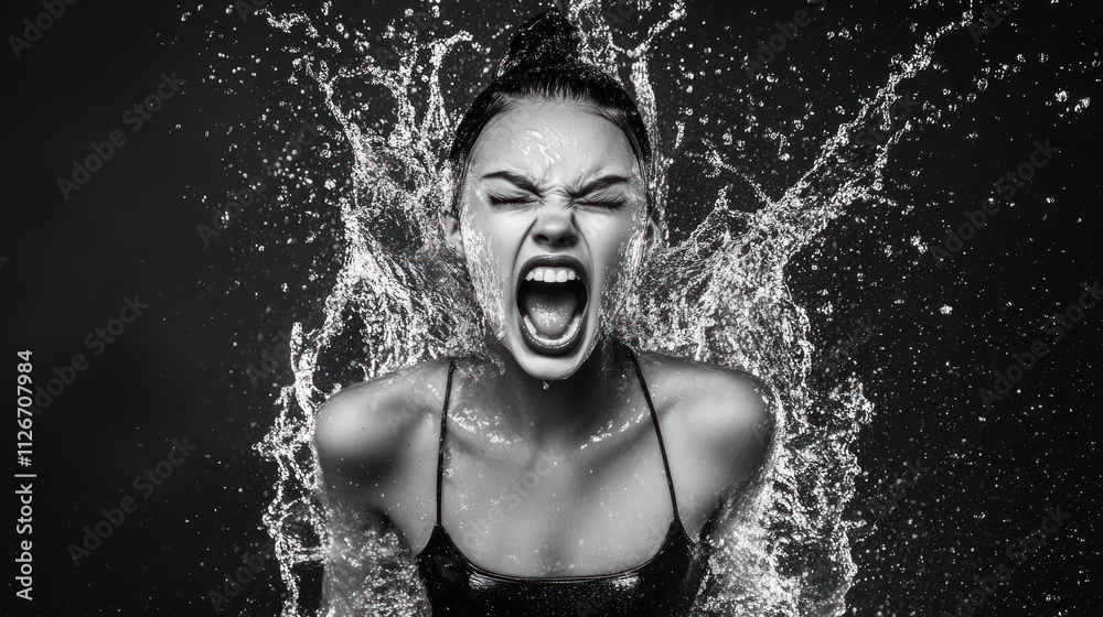 Obraz premium A dramatic black-and-white image of a woman screaming amidst splashing water.