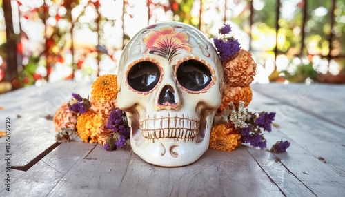 Creepy Floral Skull Design for Halloween and Day of the Dead Celebrations Perfect for Spooky Decor, Costumes, and Artistic Expressions in Gothic Style photo