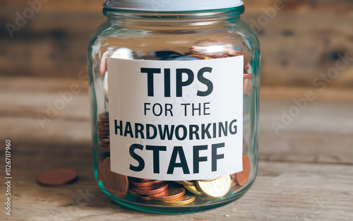 Tips jar for dedicated staff filled with coins and cash