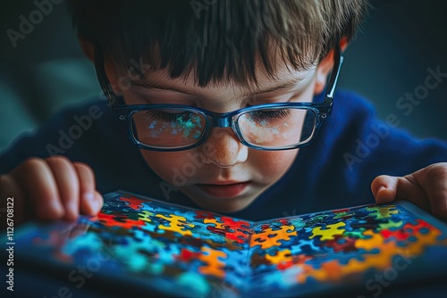 A child with pieces of colourful jigsaw puzzles. Symbol of the World Autism Awareness Day. Second of April photo