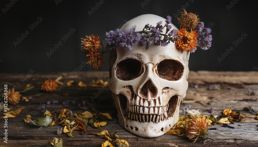 Creepy Floral Skull Design for Halloween and Day of the Dead Celebrations A Unique Blend of Spooky and Artistic Elements for Your Seasonal Decor and Festive Attire Creepy Floral Skull Design for Halloween and Day of the Dead Celebrations A Unique Blend of Spooky and Artistic Elements for Your Seasonal Decor and Festive Attire