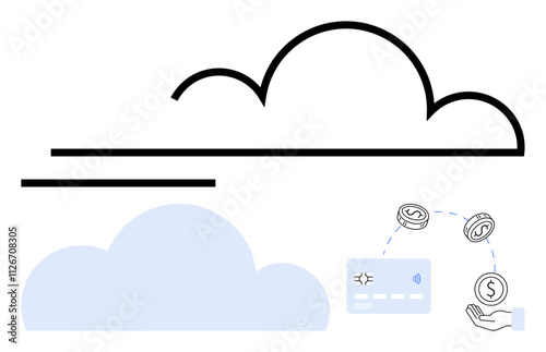 Cloud with coins, credit card, and lines symbolizes cloud computing, finance, technology integration. Ideal for fintech, banking, security, cloud storage online payments digital transactions IT