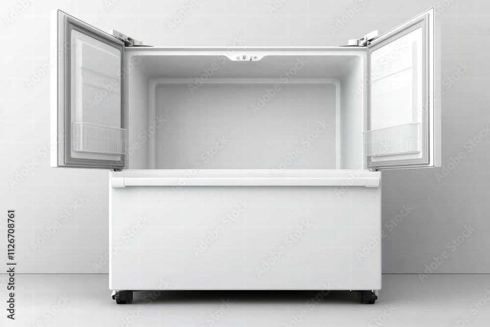 Empty White Chest Freezer with Doors Open Empty White Chest Freezer with Doors Open