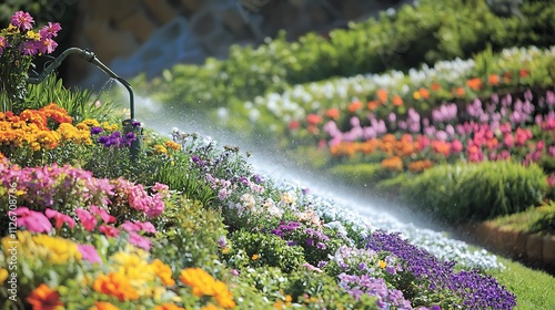 21. A water sprinkler on a hill slope watering terraced gardens filled with flowers photo