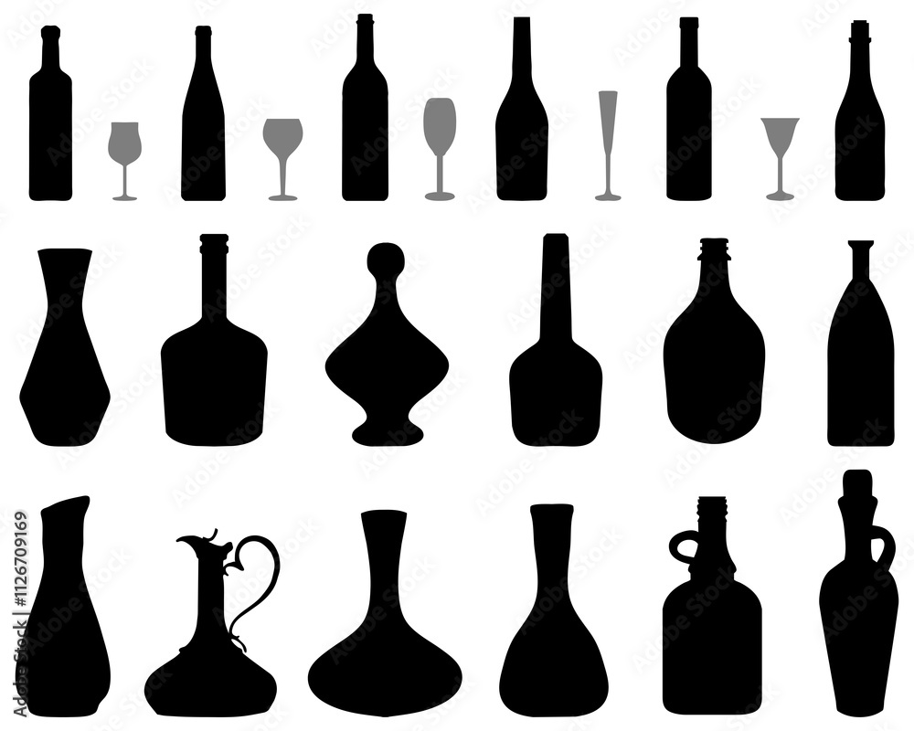 Silhouettes of bowls, bottles and glasses on a white background Silhouettes of bowls, bottles and glasses on a white background
