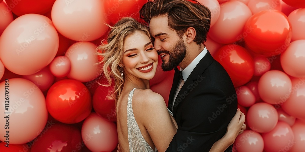 Couple embraces joyfully in front of vibrant red balloon backdrop at a festive celebration in the evening glow