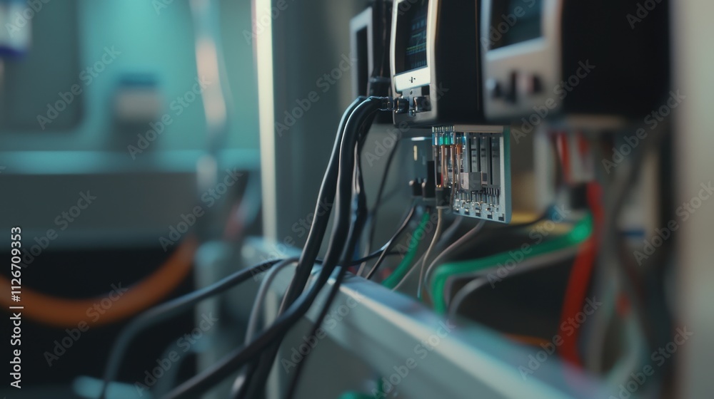 Close-up of electronic components and wiring in an industrial IoT lab, showcasing advanced technology, intricate circuit boards, colorful cables, and microcontroller setups in a modern tech environmen Close-up of electronic components and wiring in an industrial IoT lab, showcasing advanced technology, intricate circuit boards, colorful cables, and microcontroller setups in a modern tech environmen