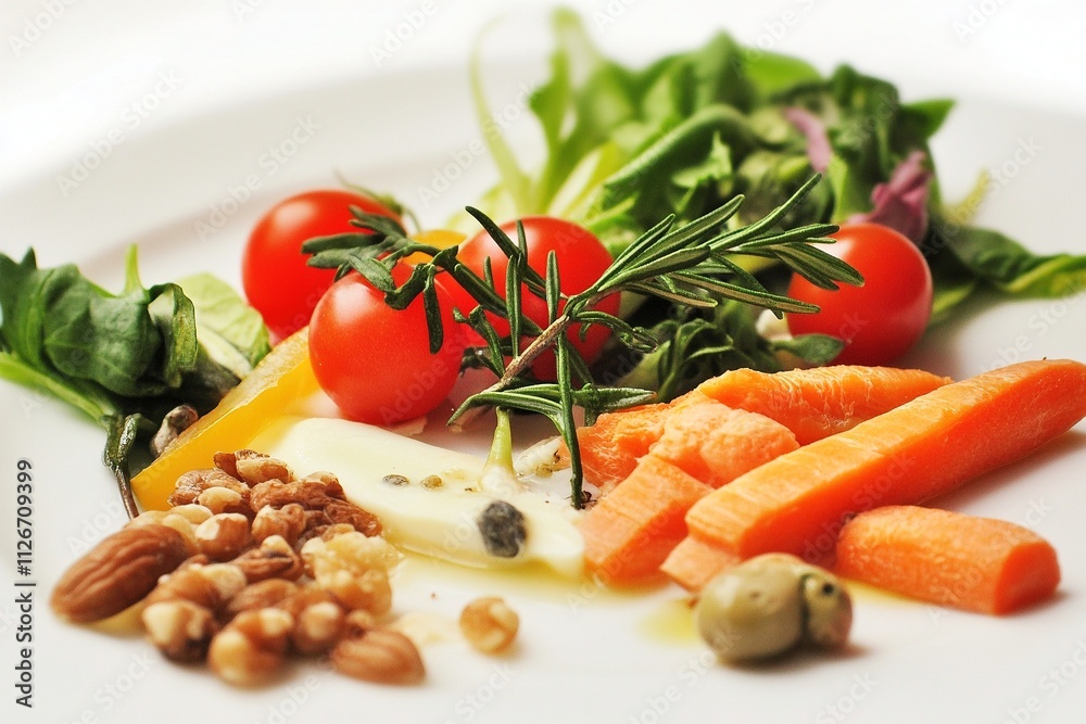 Fresh vegetable salad with tomatoes, carrots, nuts, and herbs arranged on a plate for a healthy meal Fresh vegetable salad with tomatoes, carrots, nuts, and herbs arranged on a plate for a healthy meal