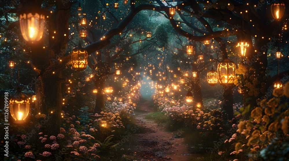 Summer Solstice in a Magical Enchanted Forest with Glowing Fireflies and Lanterns Summer Solstice in a Magical Enchanted Forest with Glowing Fireflies and Lanterns