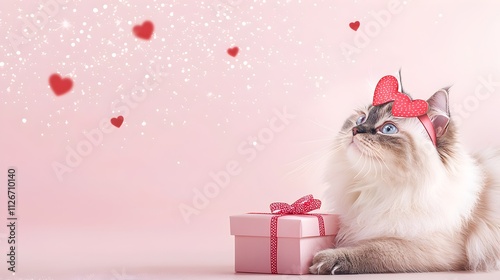 A cat is laying on a table with a pink box in front of it photo