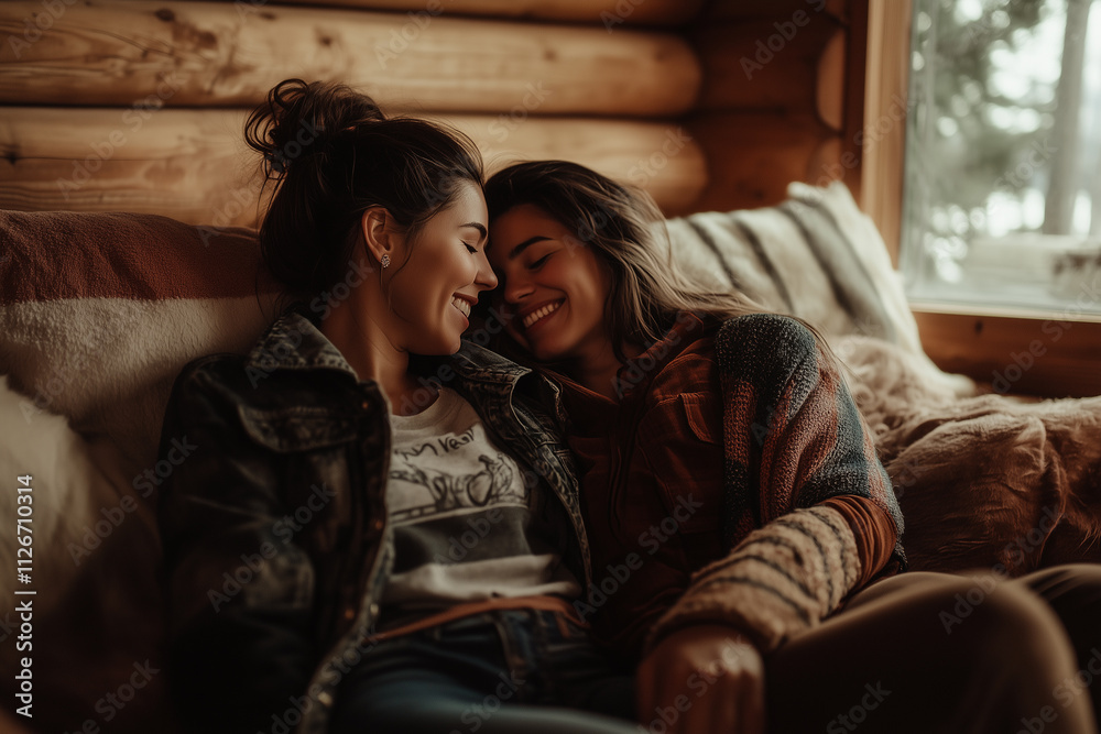 Same-gender couple relaxes in cozy cabin during weekend getaway in nature Same-gender couple relaxes in cozy cabin during weekend getaway in nature