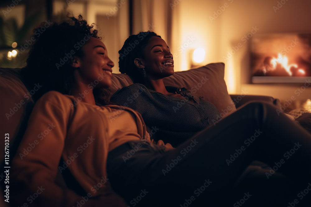 Enjoying a cozy evening together at home in a warm, inviting atmosphere with soft lighting and a crackling fire Enjoying a cozy evening together at home in a warm, inviting atmosphere with soft lighting and a crackling fire