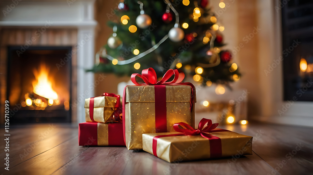 Gift Under Christmas Tree With Ornament In Interior With Fireplace And Abstract Defocused Lights
Gift Under Christmas Tree With Ornament In Interior With Fireplace And Abstract Defocused Lights