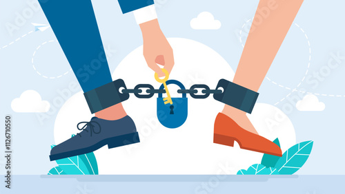 Couple with chain on legs. Husband and wife shackled. Dependence. Divorce of man and woman. A key to open a lock to set people free. Dissolution of spouses after quarrel. Vector illustration